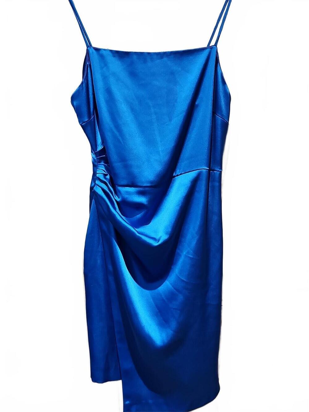 Zara Blogger Favorite Mini Dress Draped Cobalt Blue Satin Size Medium